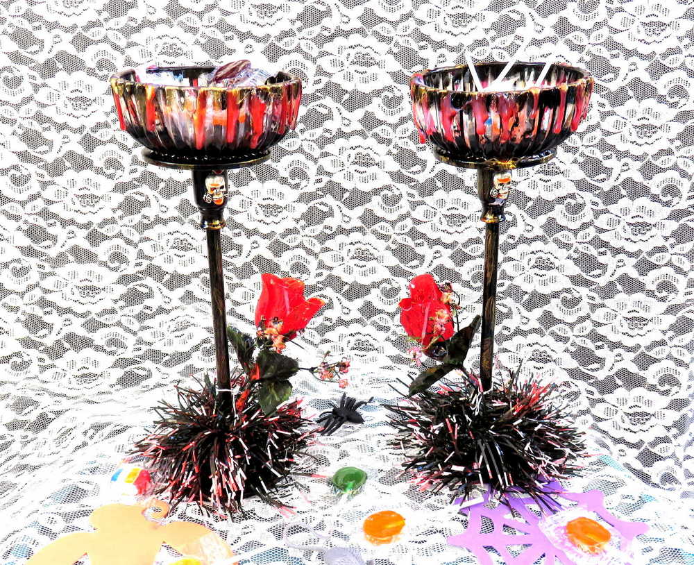Tall Glass Candy Dishes with Red Roses and Babies Breath
