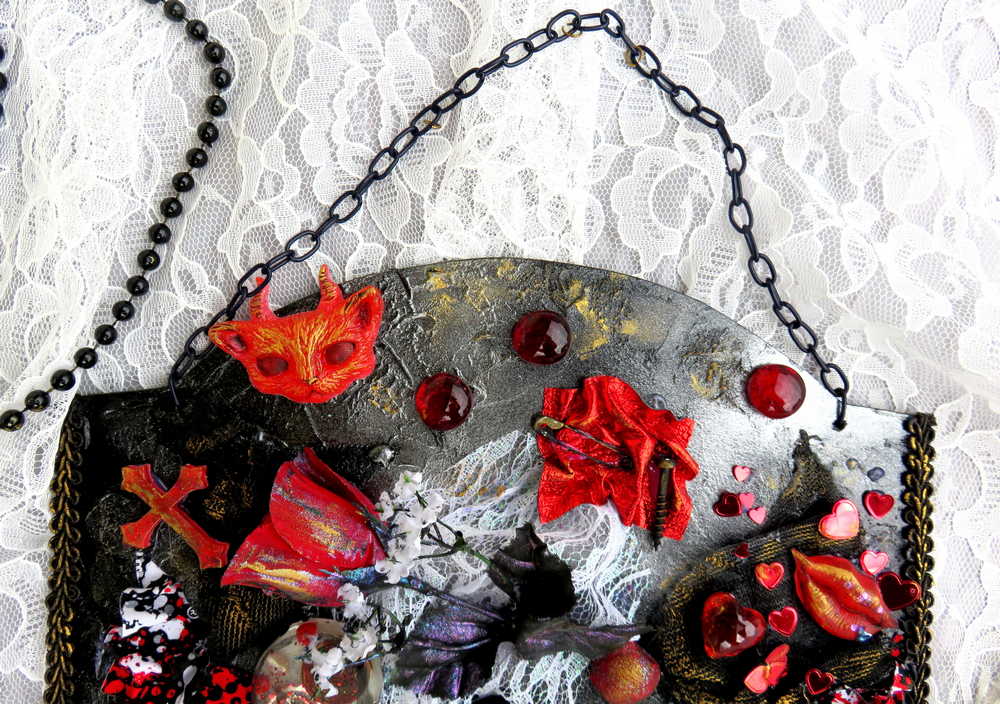 Devil Cat and Cross Resin Wall Hanger in Rich Burgundy, Black and Red