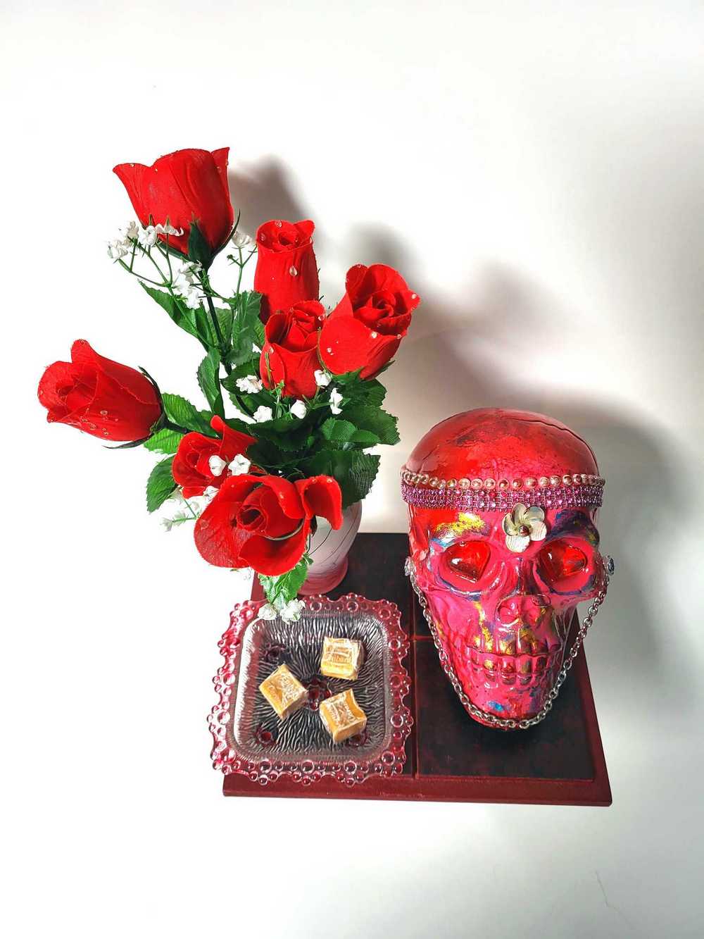 Red Skull and Roses in Resin in a Vintage Candy Dish