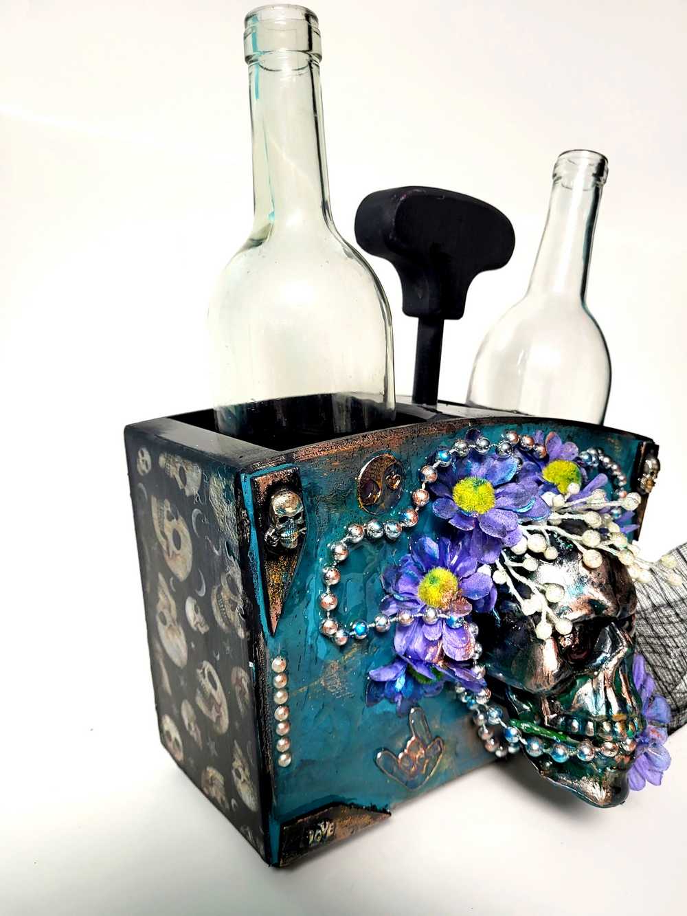 Double Wooden Wine Box, Carrier, Holds 2-750ml Bottles, Skull With Purple Flowers