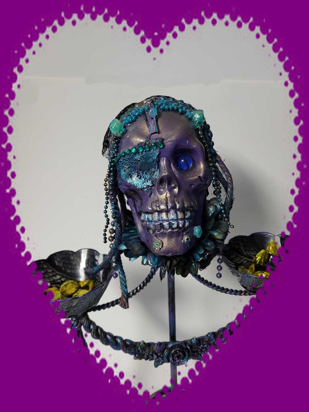 Purple Skull on Decorative Stand with Two Glass Candy Dishes