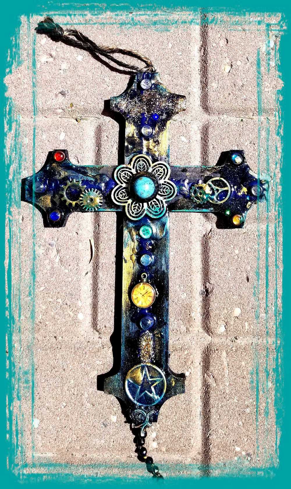 Altered Wood Goth Cross with Blue Stone and Gems