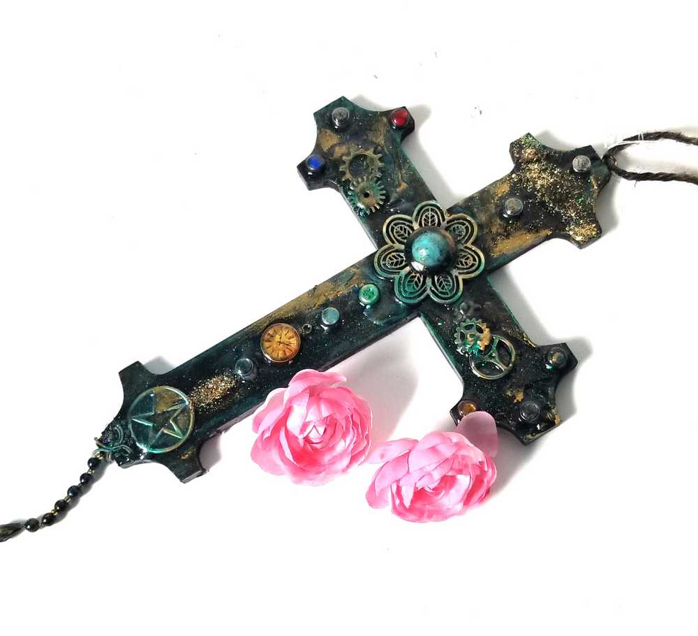 Altered Wood Goth Cross with Blue Stone and Gems