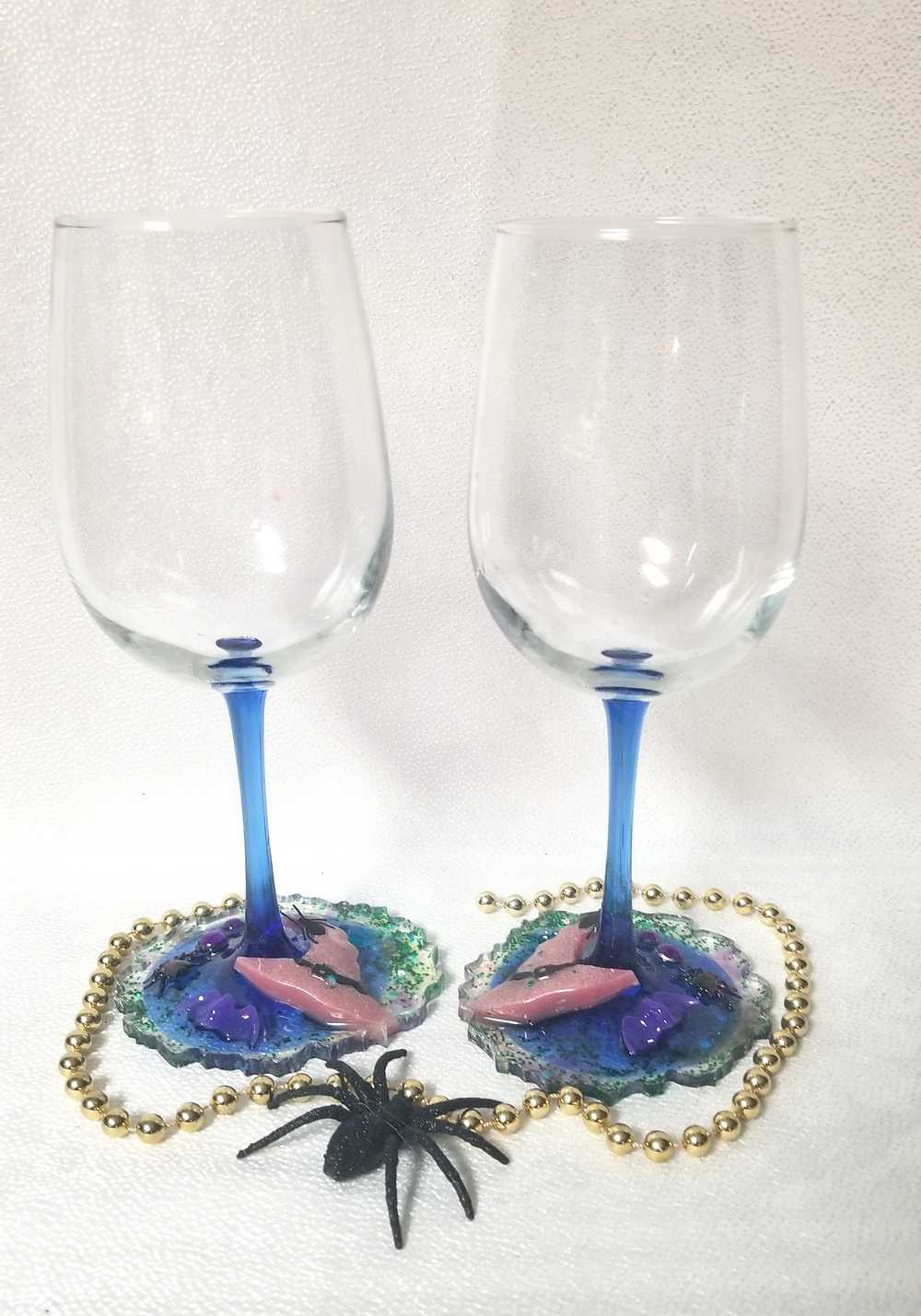 Altered Wine Glass with a Witch Hat and a Spider on a Resin Base