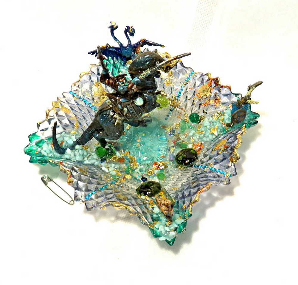 Mutant Troll Warrior Riding a T Rex in a Glass Vintage Dish, Collector Piece