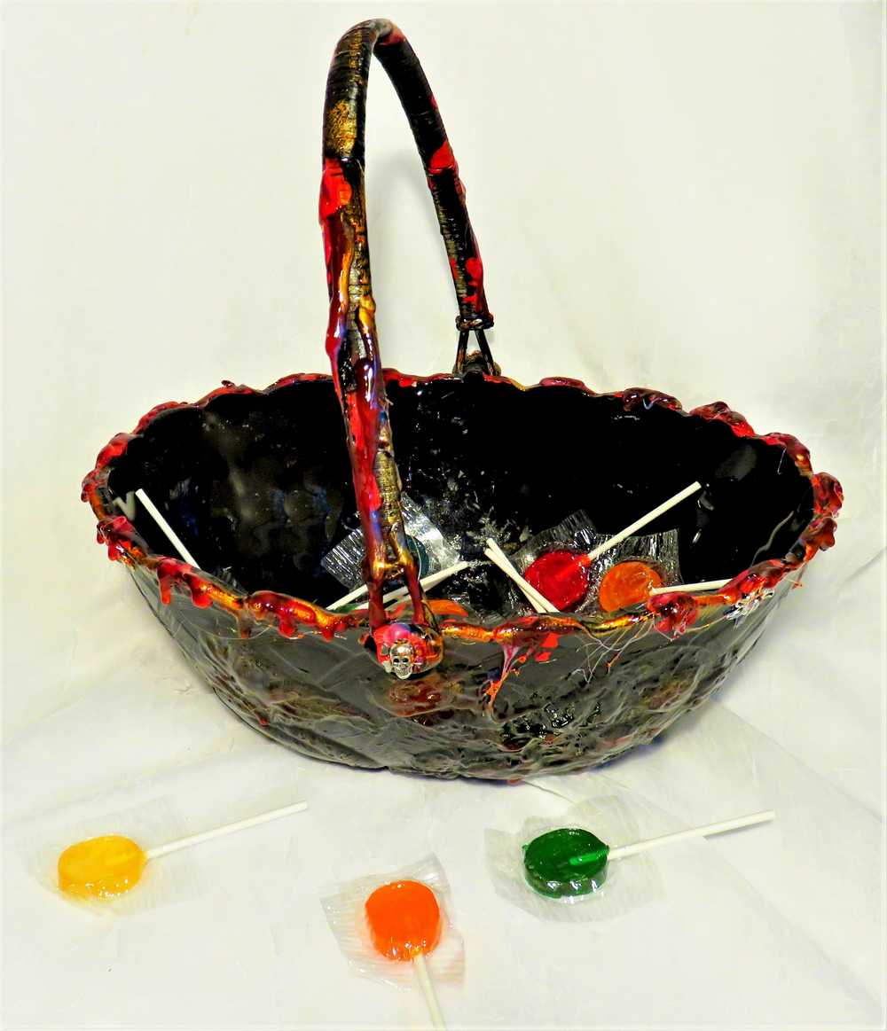 Goth, Altered Vintage Glass Fruit Bowl With Handle and Skull Charms