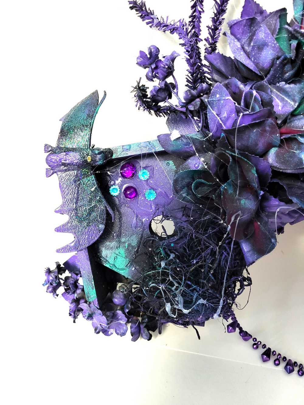 Decorative Wreath with 3 Bat Houses with Bats in Purple and Black