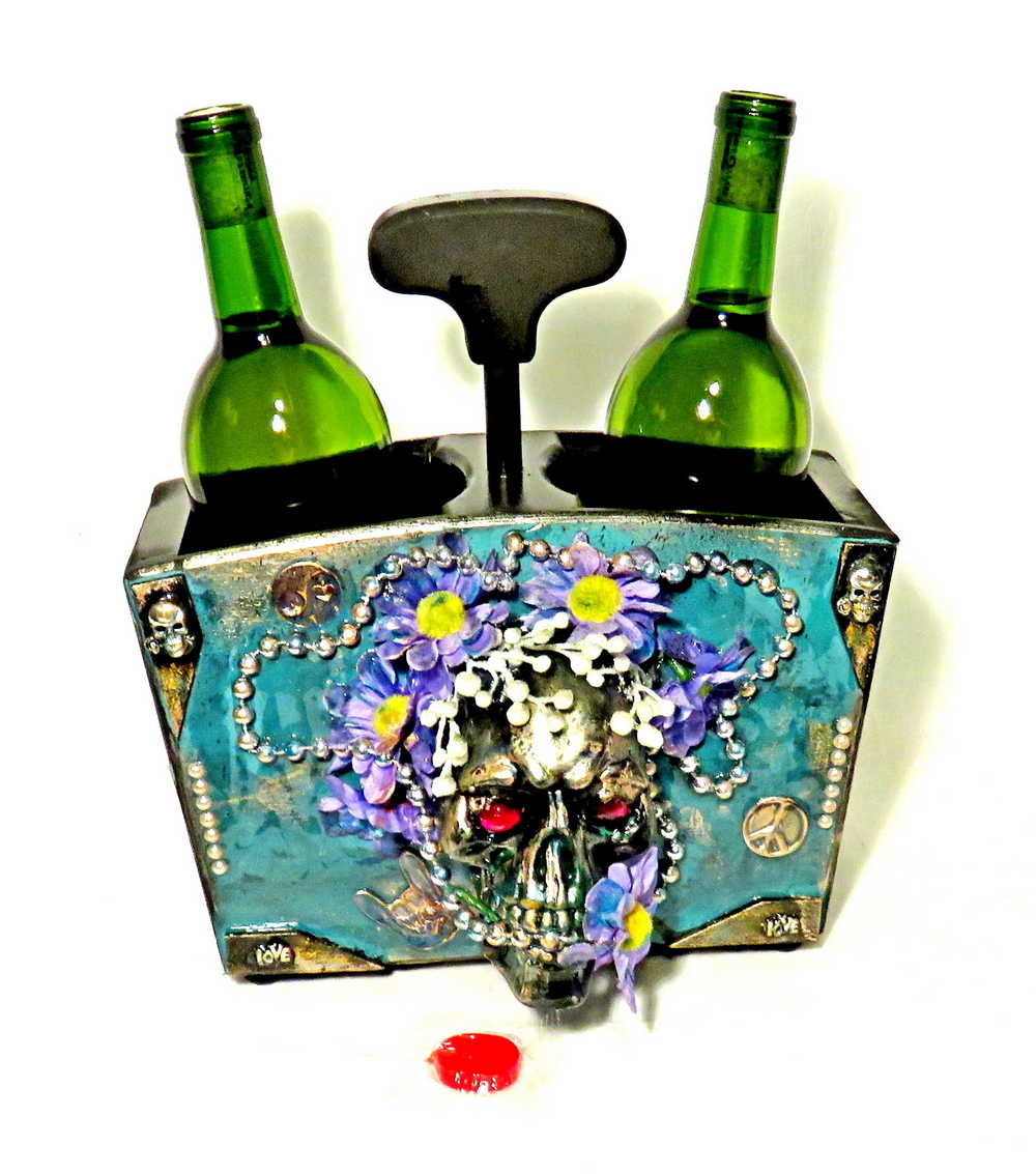 Double Wooden Wine Box, Carrier, Holds 2-750ml Bottles, Skull With Purple Flowers