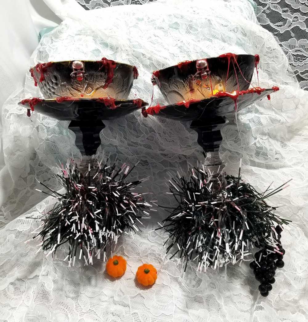 Altered Black Glass Candy Dish or Candle Holder with Fake Blood