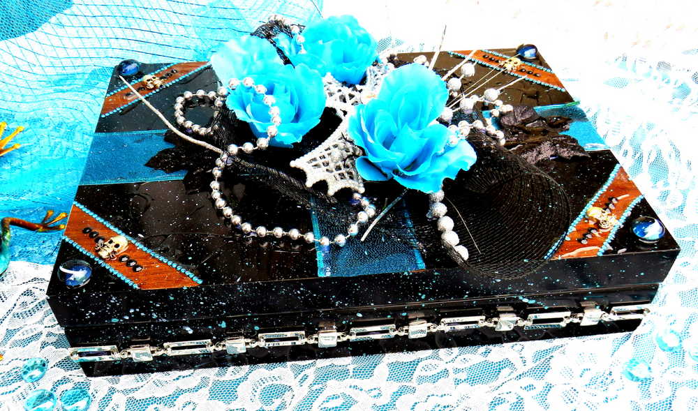 Black and Teal Jewelry Box with 3D Teal Roses, a White Cross and Skull Charms