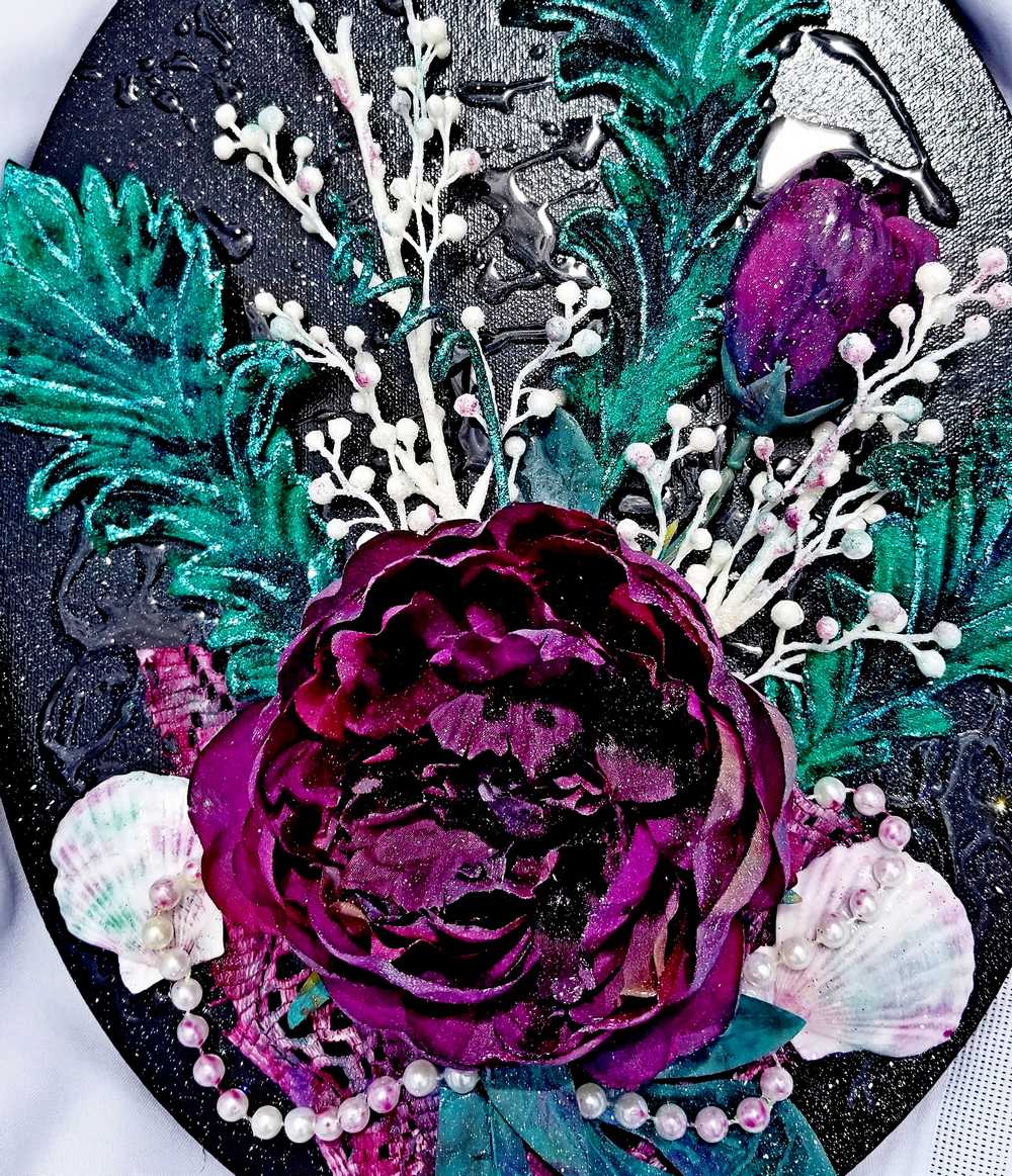Black Oval Canvas 3D Art with Deep Purple Flowers and Shells