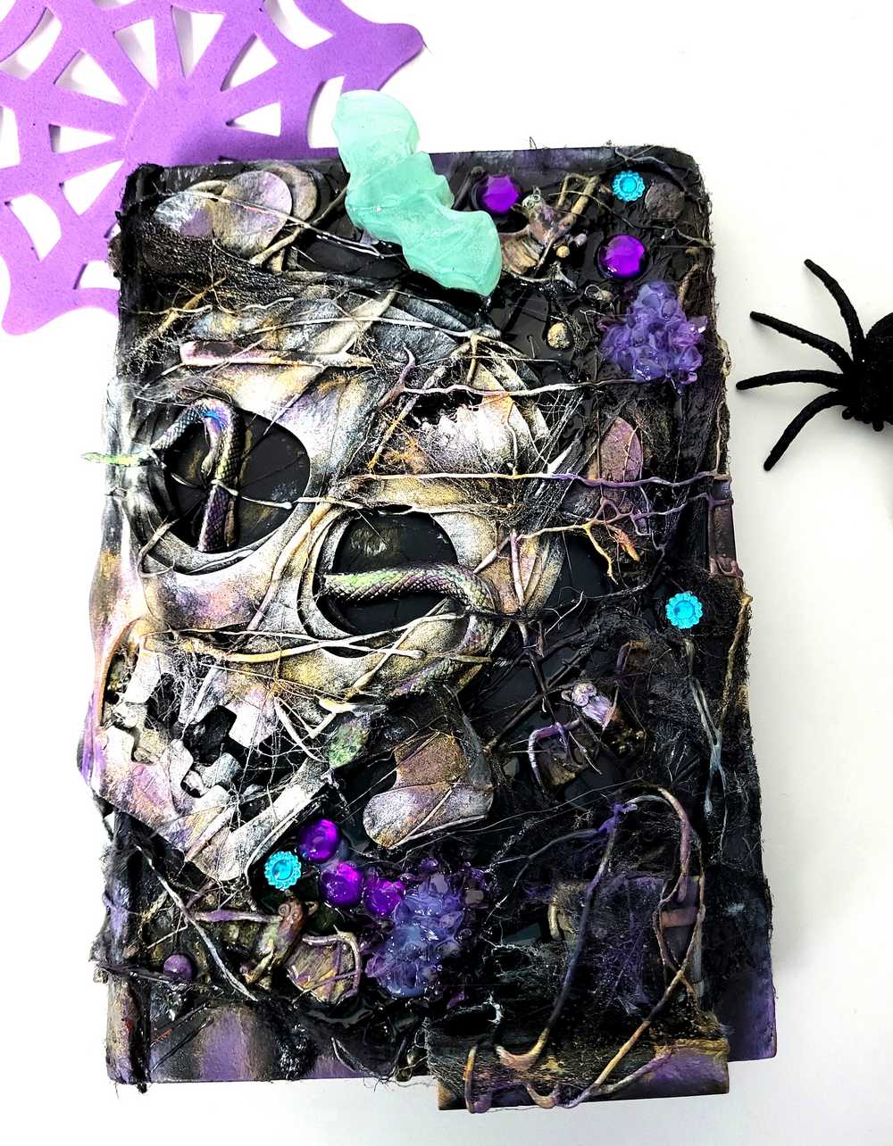 Recycled, Altered Creepy Spell Book with Skull and Snake