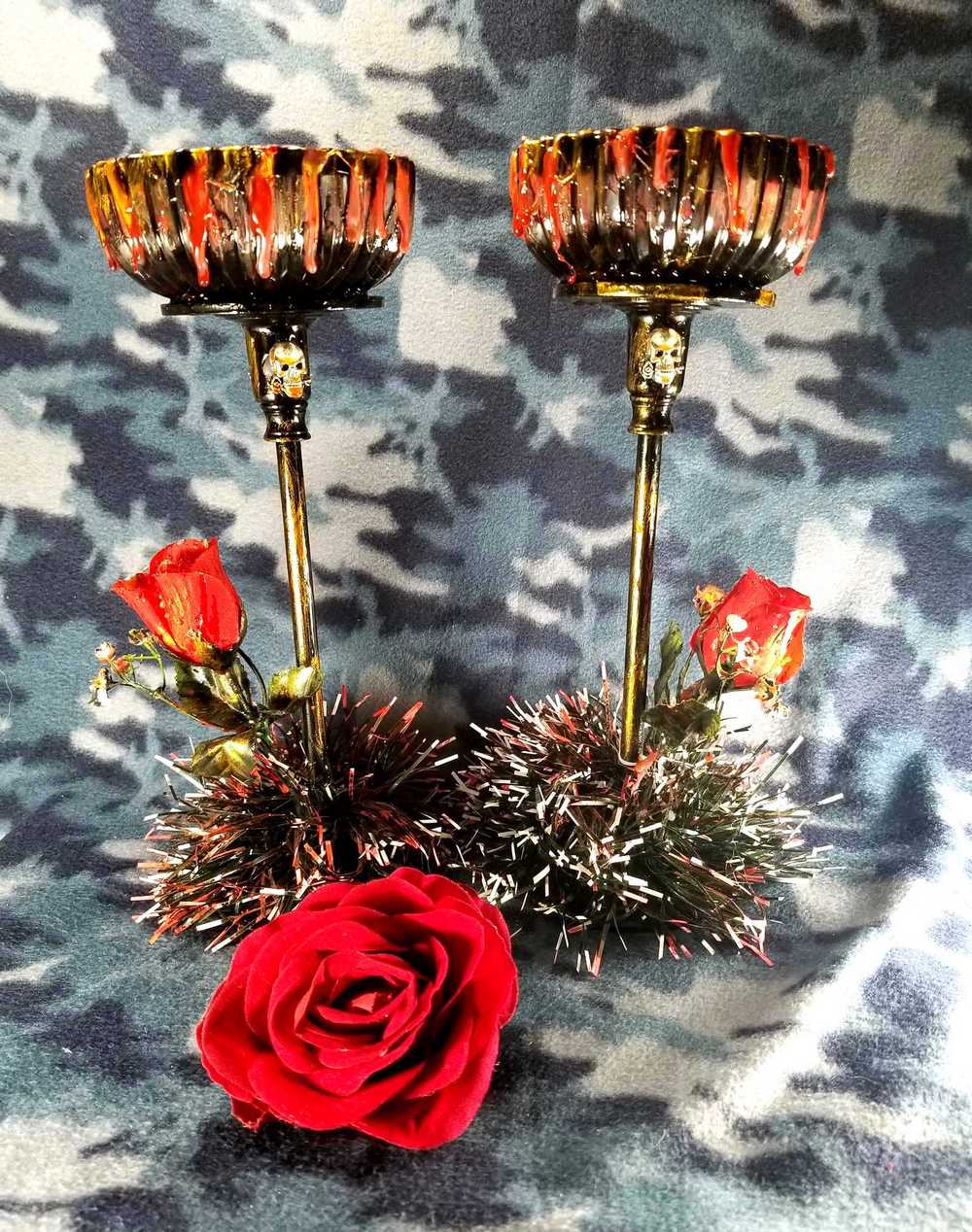 Tall Glass Candy Dishes with Red Roses and Babies Breath