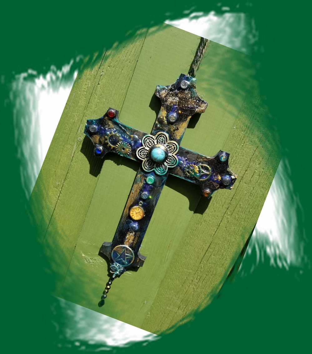 Altered Wood Goth Cross with Blue Stone and Gems