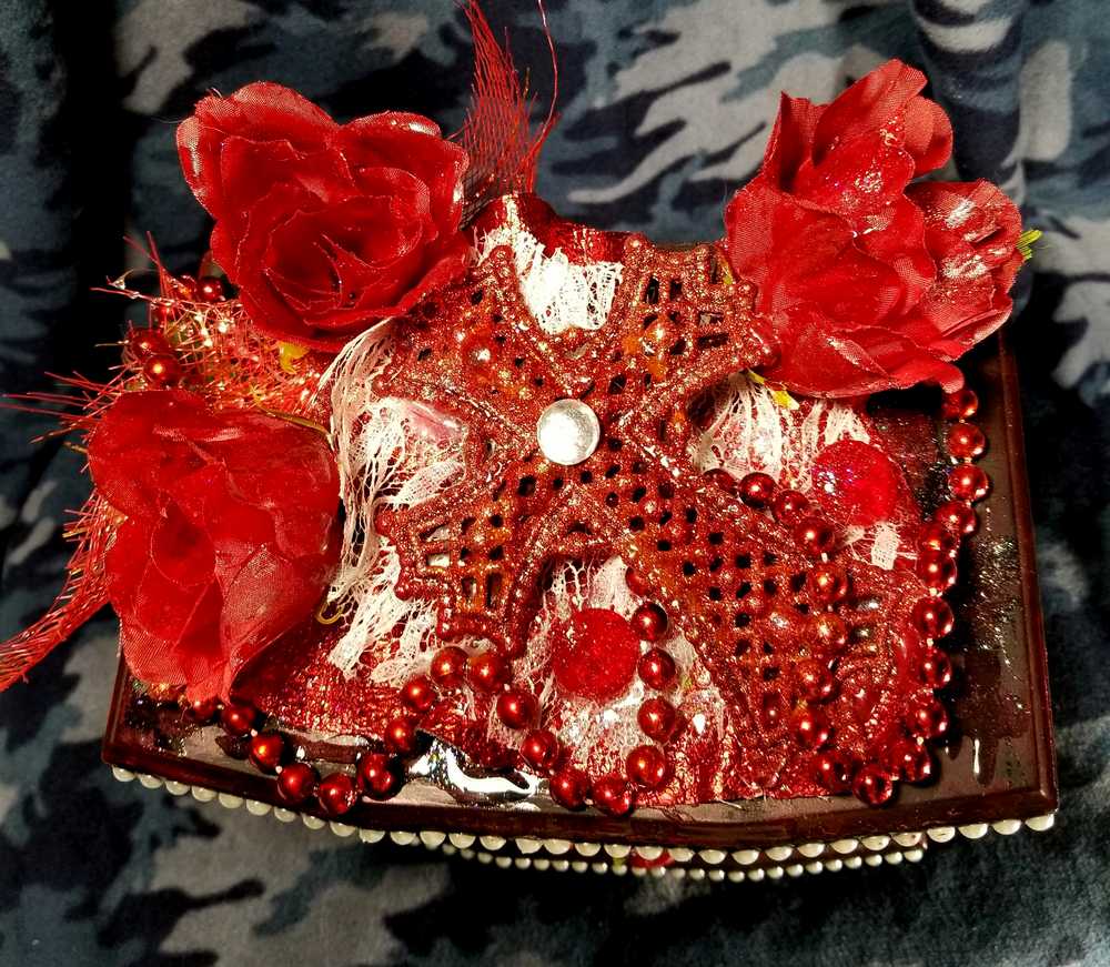 Red Jewelry Box with Red Roses and a Red Cross