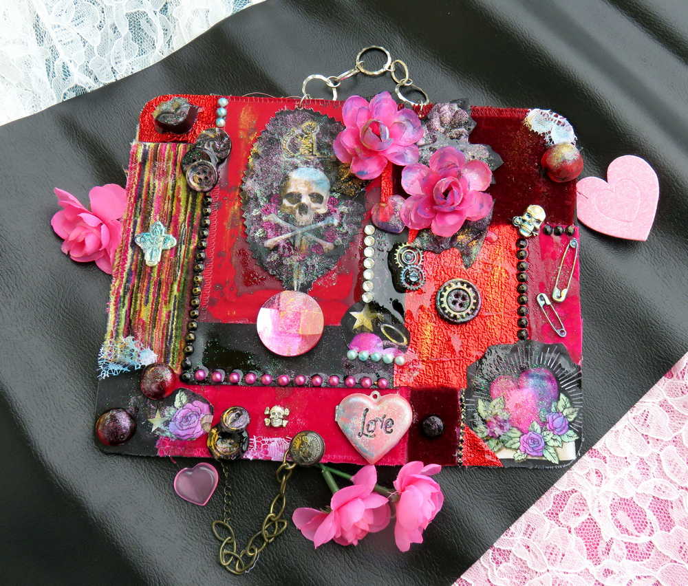 Unique, Red Velvet Skull with Pink Flowers and Picture Frame, Wall Plaque