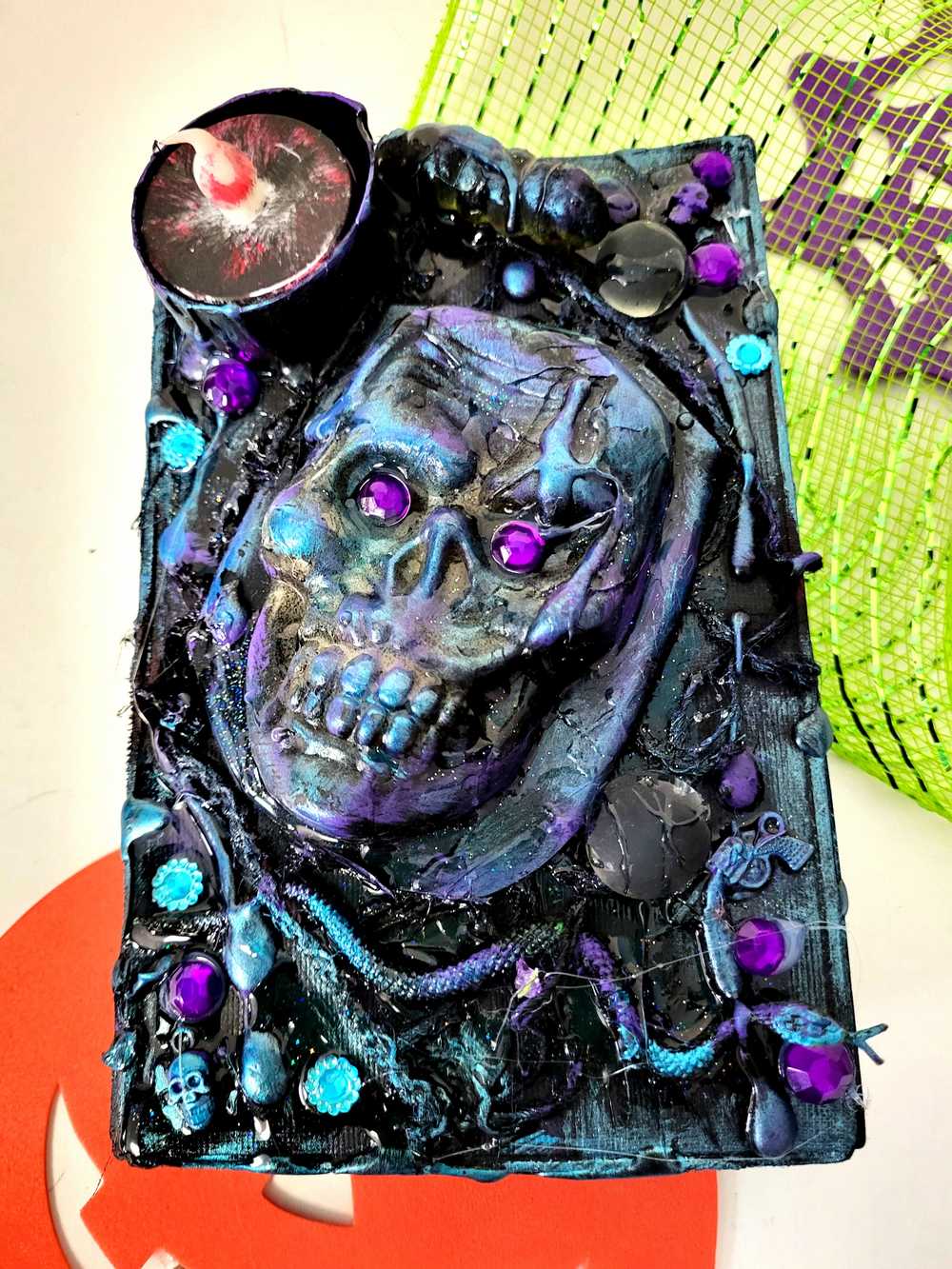 Altered Spell Book with Battery Candle, 3D Skull and Snake
