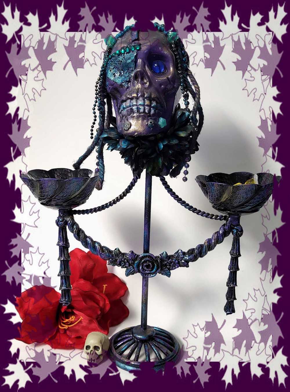 Purple Skull on Decorative Stand with Two Glass Candy Dishes
