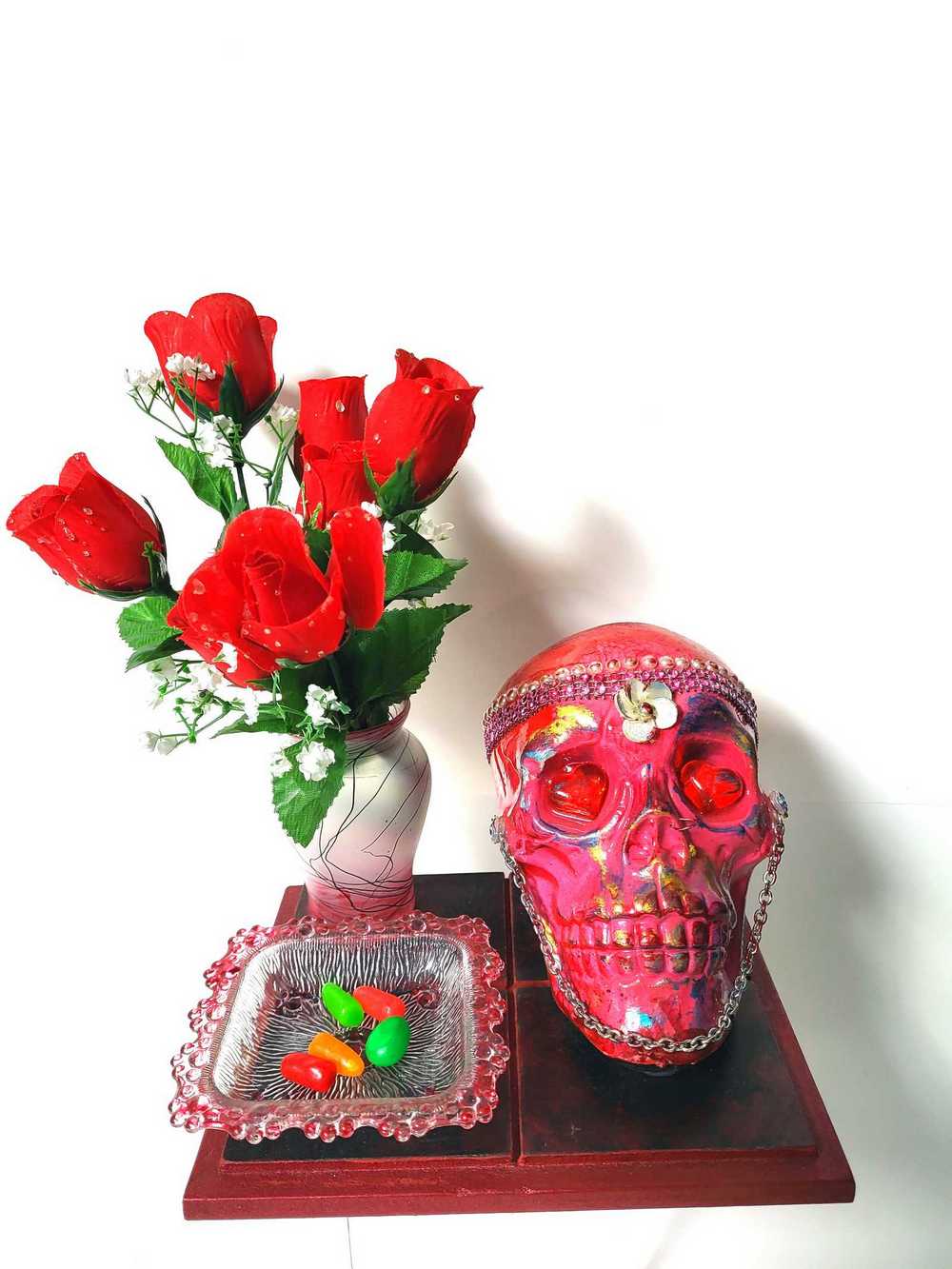 Red Skull and Roses in Resin in a Vintage Candy Dish