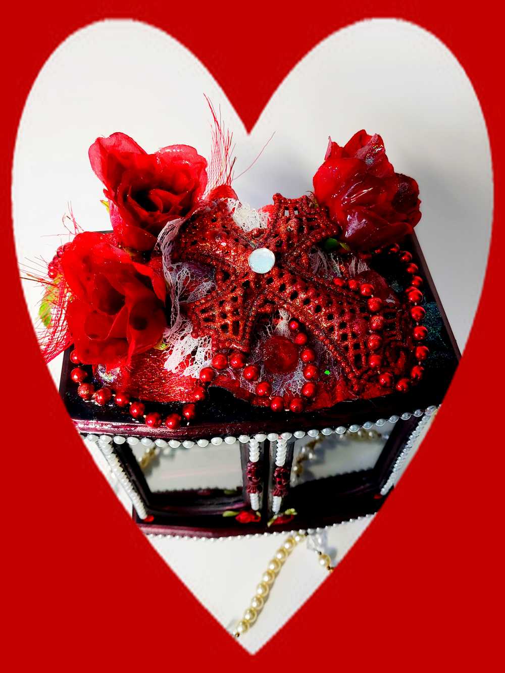Black and Red Ladies Jewelry Box with 3 Red Roses, White Shimmering Lace and a Red Cross