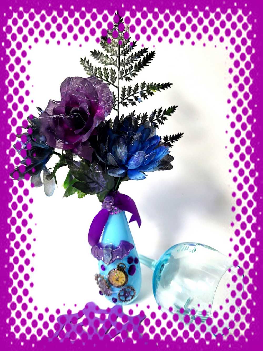 Teal Glass Vase with Skull, Purple Rose and Gears