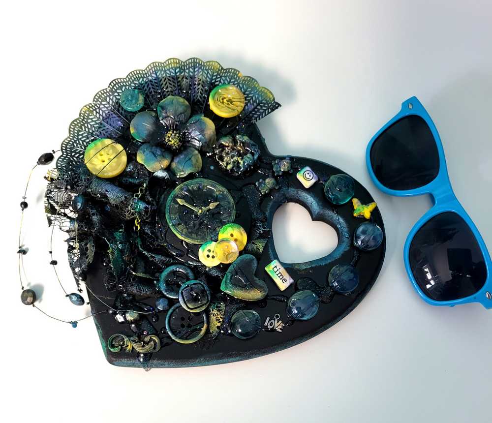 Wall Decor Wooden Heart Plaque with Teal, Yellow and Black, Punk Design