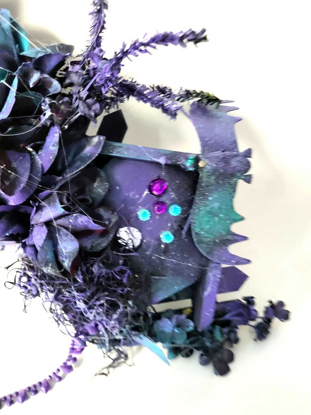 Decorative Wreath with 3 Bat Houses with Bats in Purple and Black