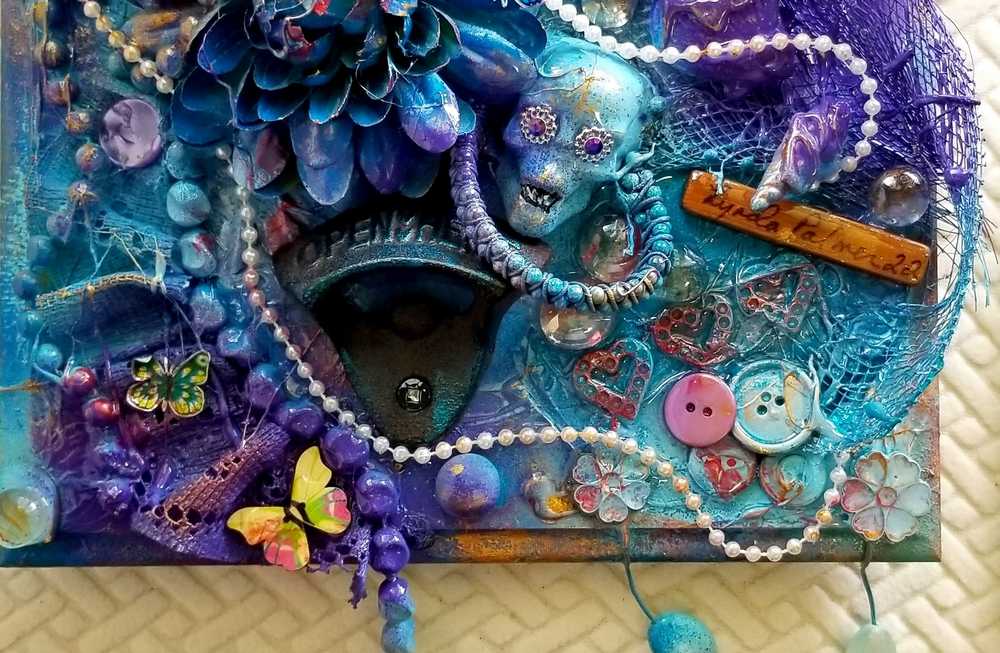 Bottle Openers as an Art Piece with Skull, Flowers, Buttons and So Much More