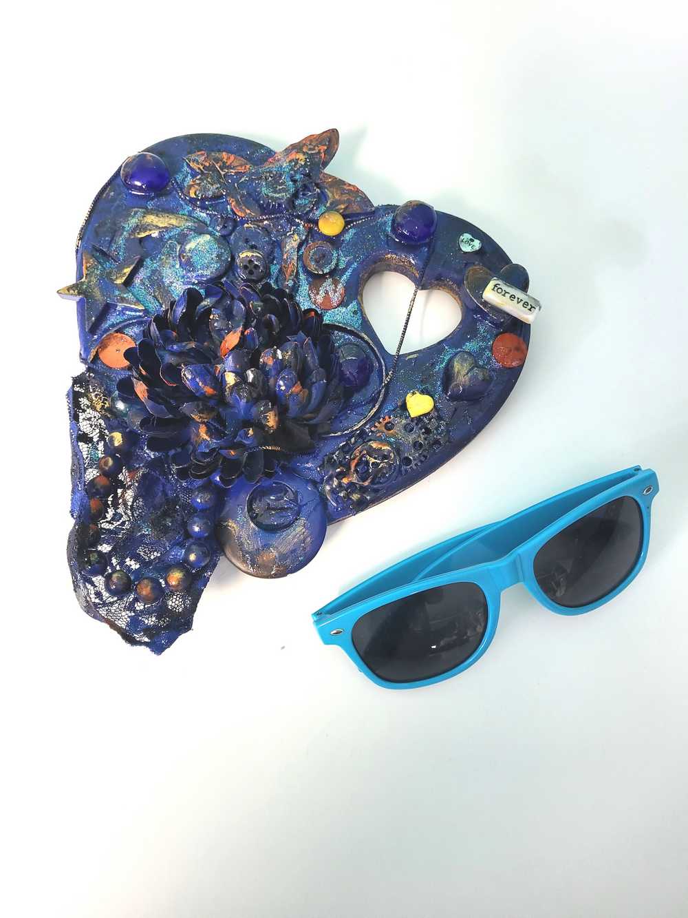 Deep Blue Wooden Heart Wall Plaque with Flowers, Recycled Jewelry, Gears and a Hummingbird