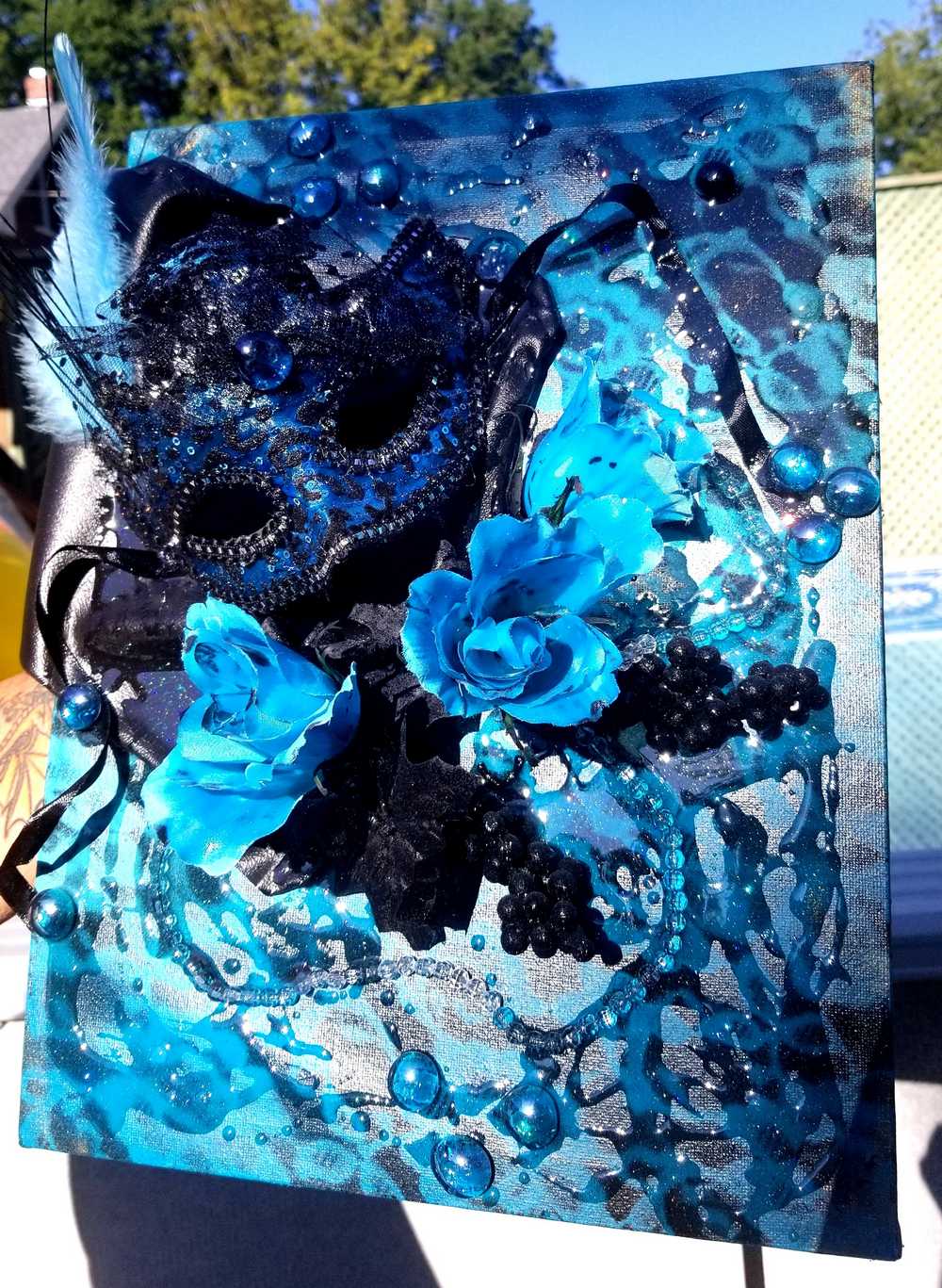 3D Canvas Art with Sexy Teal Blue Mask and Teal Blue Roses, 30 x 40 x 15 cm