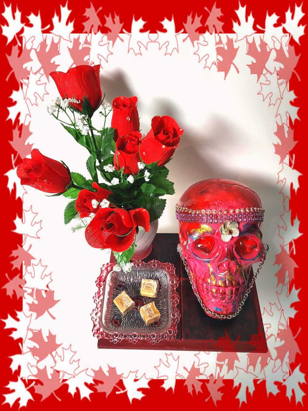 Red Skull and Roses in Resin in a Vintage Candy Dish