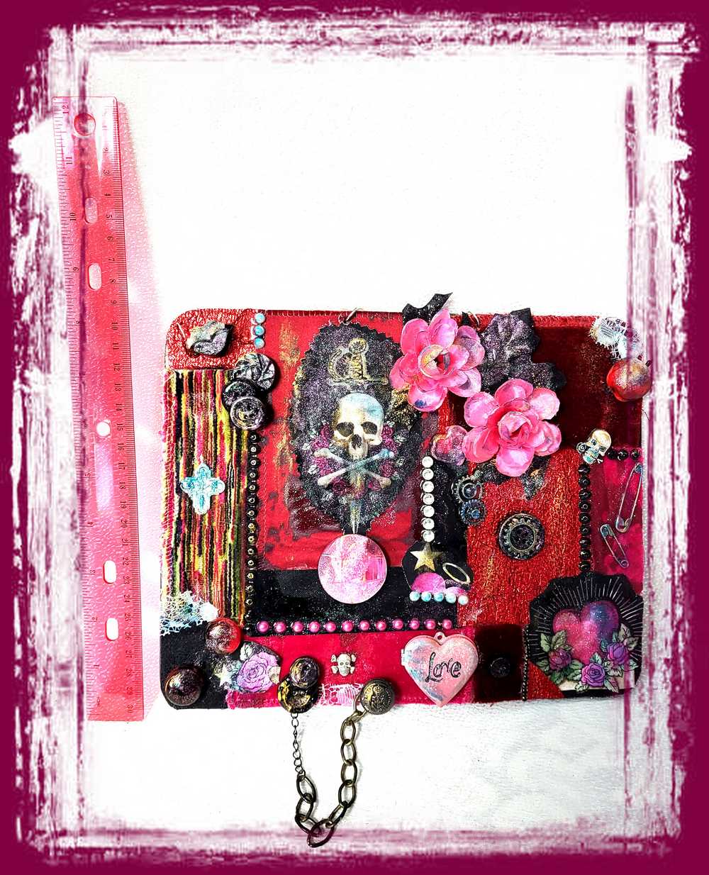 Unique, Red Velvet Skull with Pink Flowers and Picture Frame, Wall Plaque