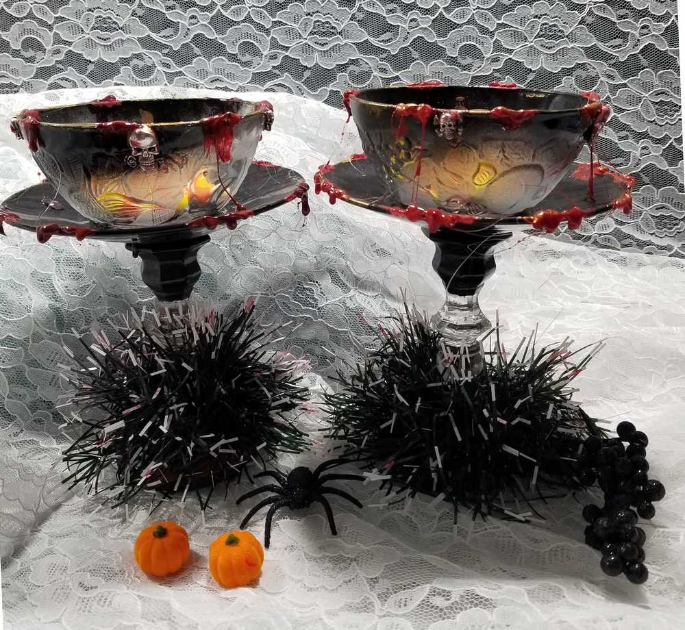 Altered Black Glass Candy Dish or Candle Holder with Fake Blood