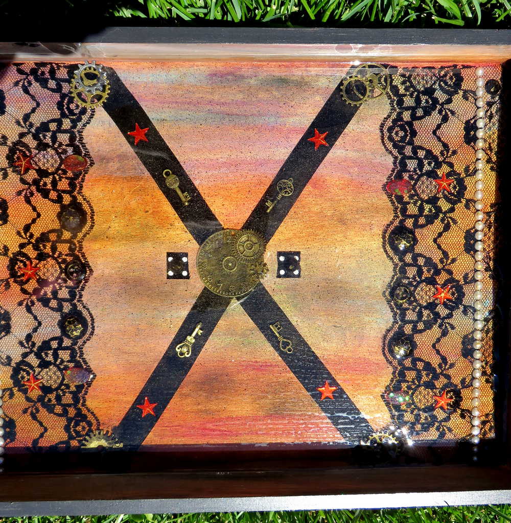 Steampunk /Goth Serving Tray with Gears, Black Lace and Ribbon
