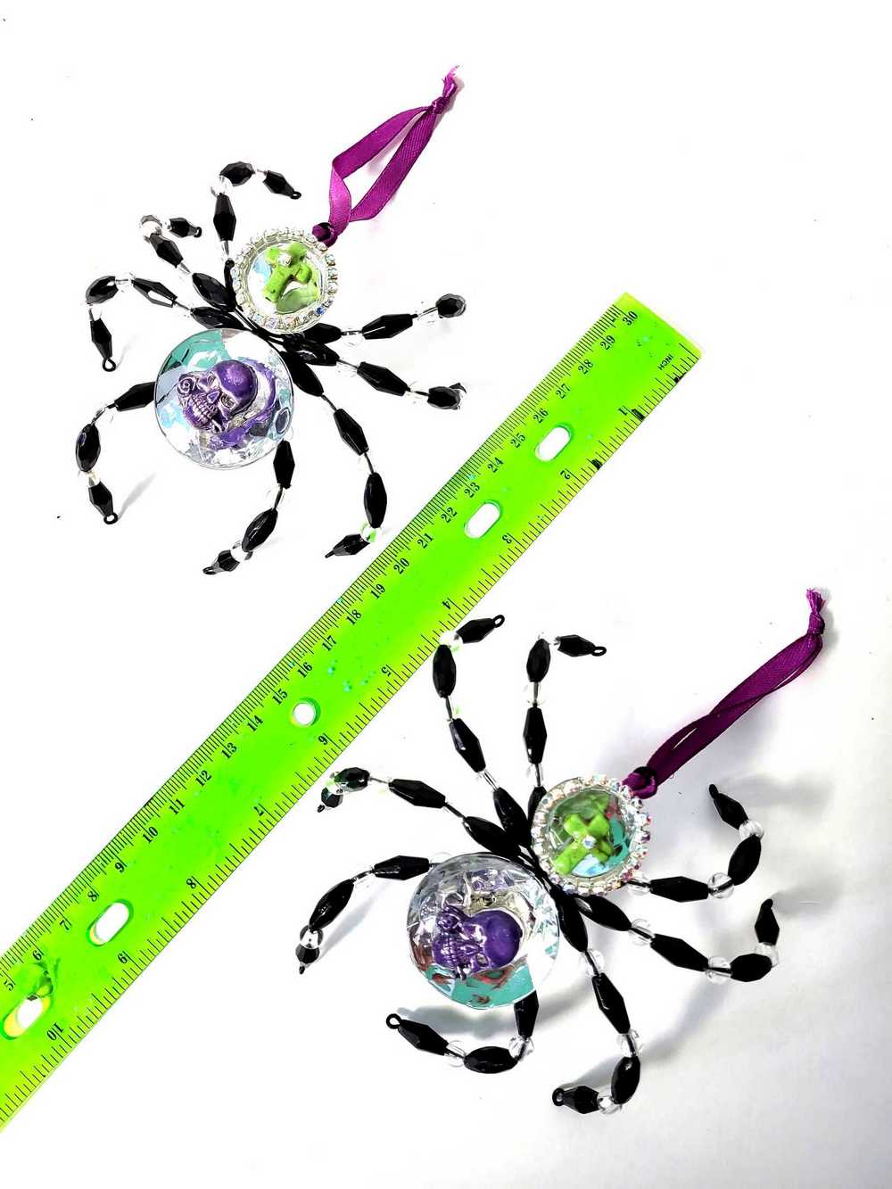 Black and Clear Beaded Spider with Skull Head and Cross Ornament