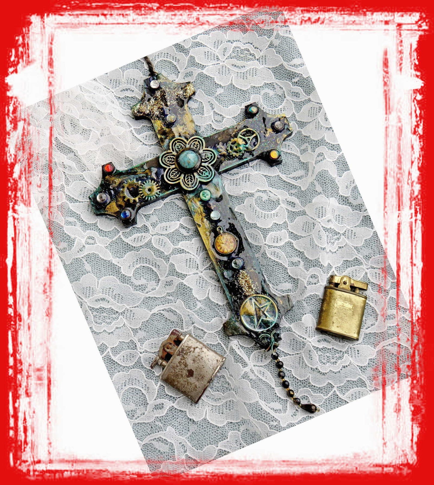 Altered WooAltered Wood Goth Cross with Blue Stone and Gemsd Goth Cross with Blue Stone and Gems