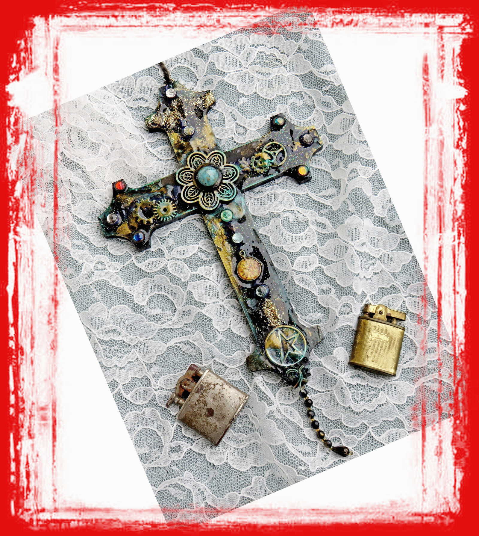 Altered WooAltered Wood Goth Cross with Blue Stone and Gemsd Goth Cross with Blue Stone and Gems