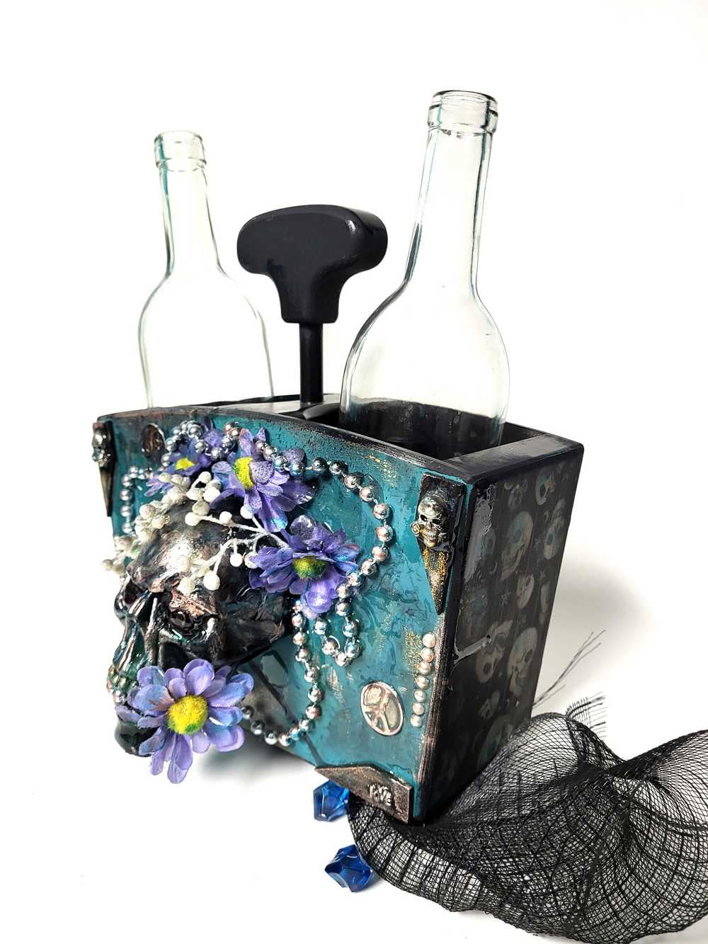 Double Wooden Wine Box, Carrier, Holds 2-750ml Bottles, Skull With Purple Flowers