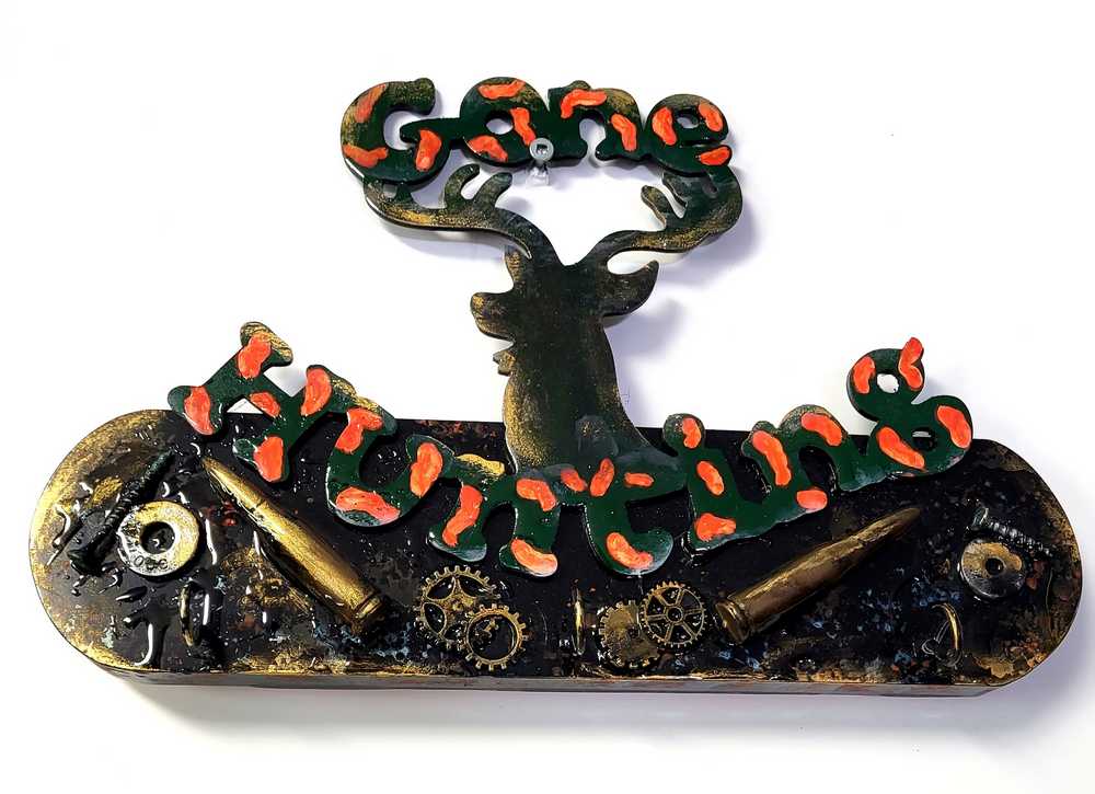 Gone Hunting Wall Plaque with Deer Cut Out, with Gears, Nuts & Bolts