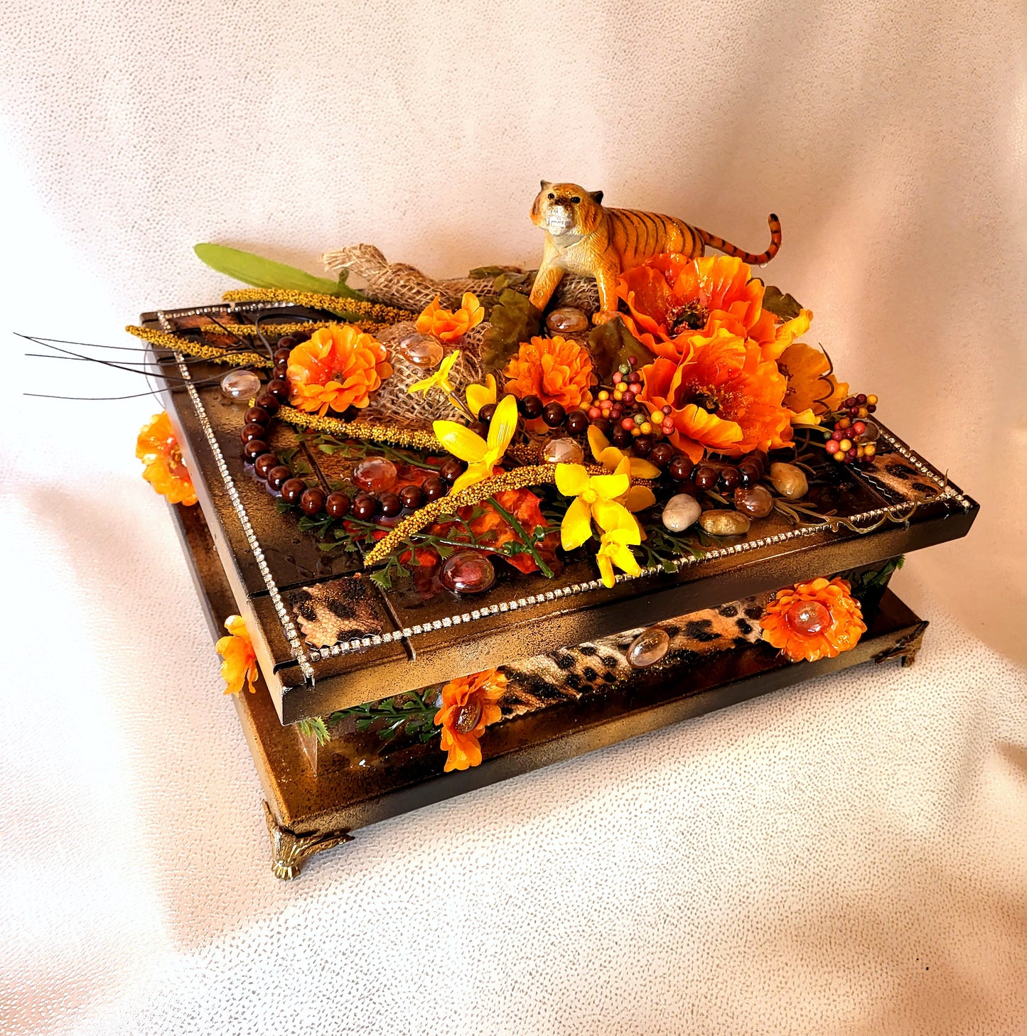 Jewelry Box with Orange & Yellow Flowers and a Tiger, Safari Themed