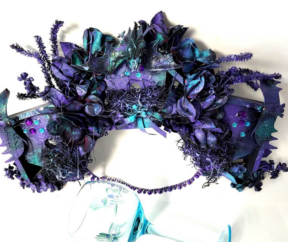 Decorative Wreath with 3 Bat Houses with Bats in Purple and Black