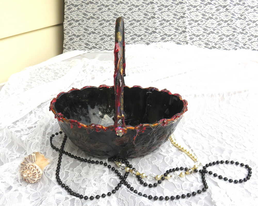 Goth, Altered Vintage Glass Fruit Bowl With Handle and Skull Charms