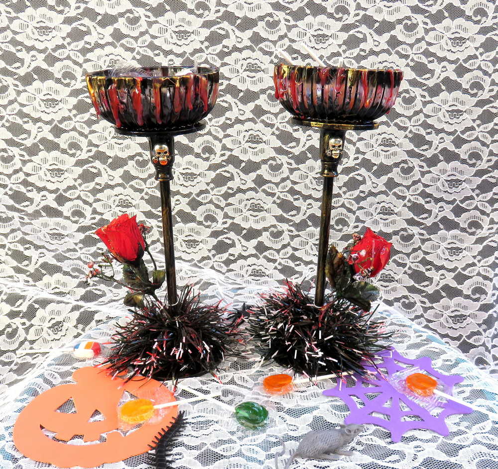 Tall Glass Candy Dishes with Red Roses and Babies Breath