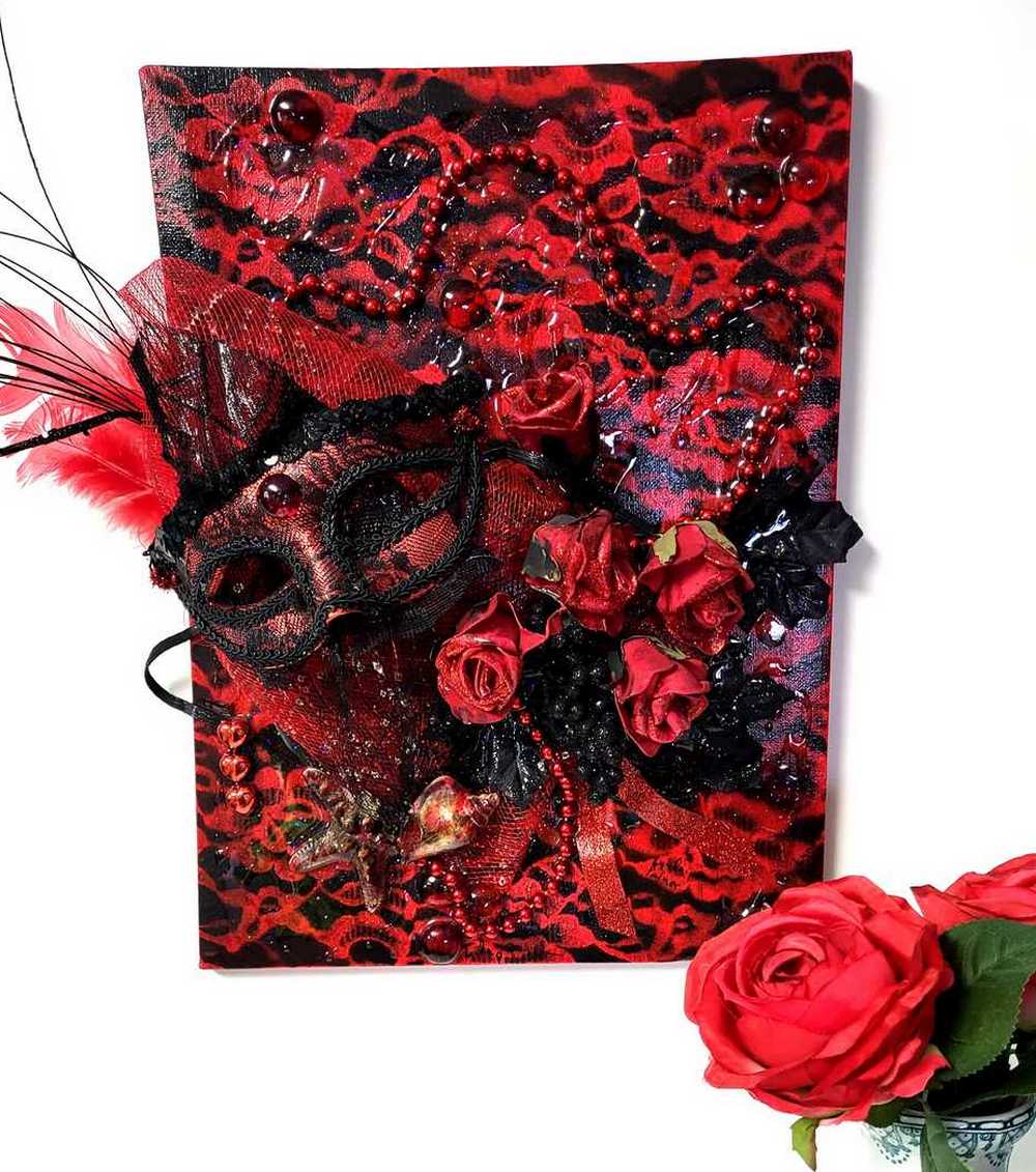 3D Red and Black Art on Canvas with Sexy Mask and Roses, 40 cm x 30 x 10 cm