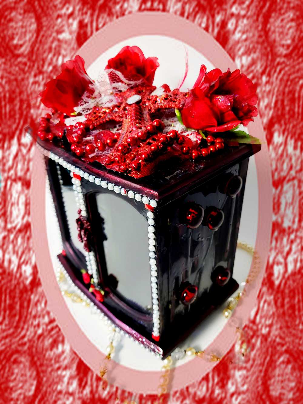 Red Jewelry Box with Red Roses and a Red Cross
