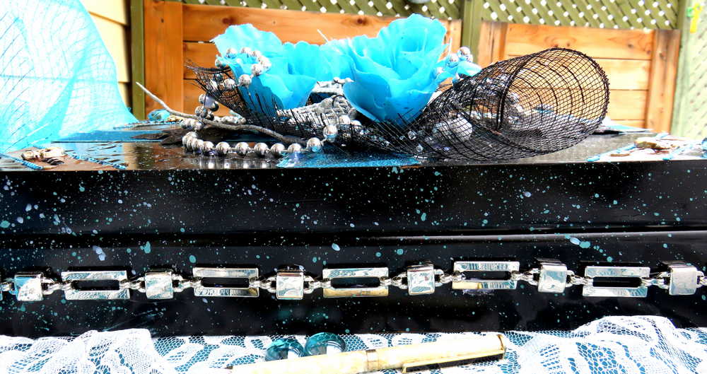 Black and Teal Jewelry Box with  3D Teal Roses, a White Cross and Skull Charms