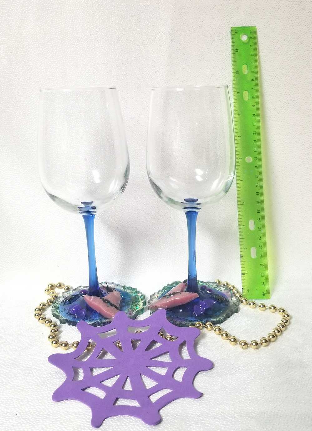 Altered Wine Glass with a Witch Hat and a Spider on a Resin Base