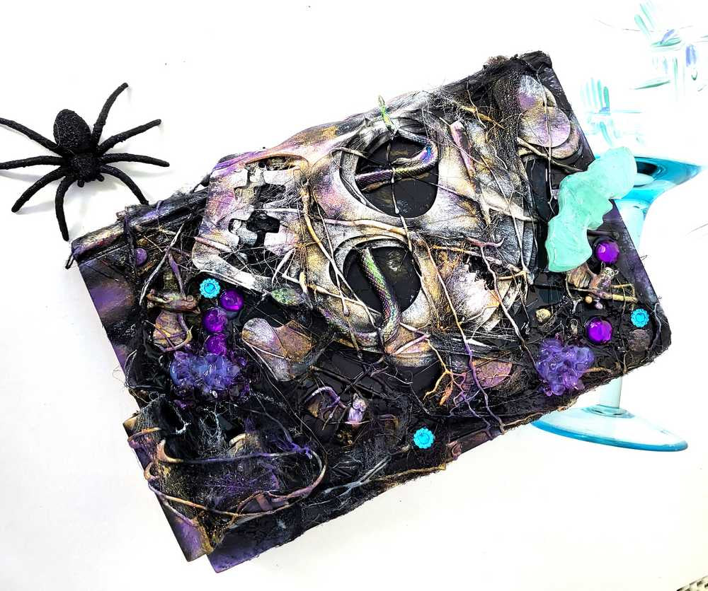 Recycled, Altered Creepy Spell Book with Skull and Snake