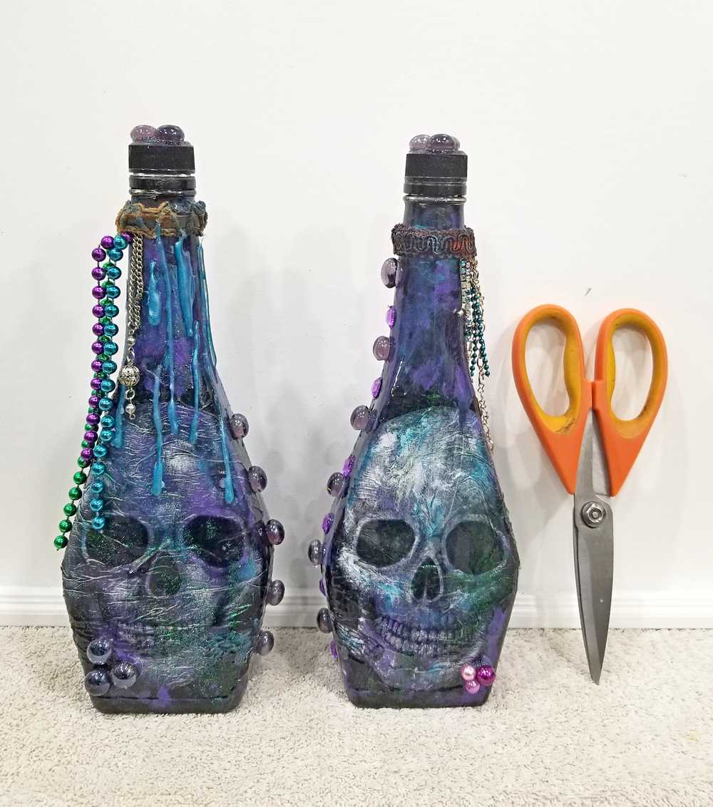 Altered Glass Bottle, Decoupage Skull Art Bottle for Re-Use