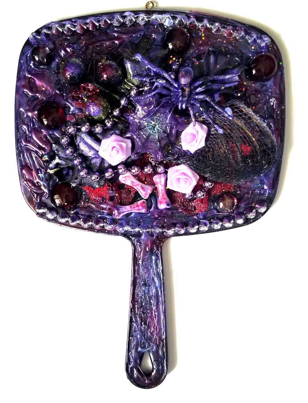 Black Hand Held Mirror with Bones, Roses, a Purple Spider and Her Web